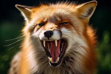 A wild red fox baring its teeth in a natural green habitat.