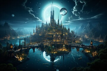 A castle sits in the middle of the water under a full moon in the night sky - obrazy, fototapety, plakaty