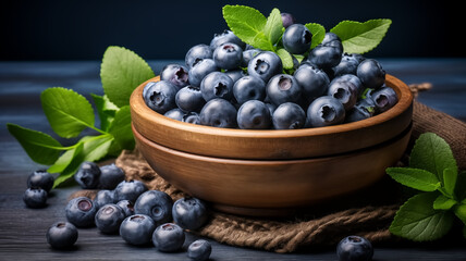 Fresh blueberry in a wooden bowl. Juicy and fresh blueberries with green leaves on a rustic table. Concept blueberry antioxidant for healthy eating and nutrition.