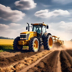 Obraz premium Tractor in a field work in farm yellow tractor 
