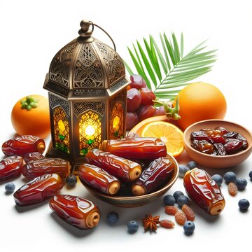 Happy Ramadan Kareem background with dates and lanterns Generative Ai