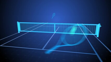 High tech holographic 3D animation of tennis game. Futuristic rackets hit tennis ball back and forth across hologram tennis court. Sci-fi HUD view with seamless loop of virtual reality sport game - Powered by Adobe