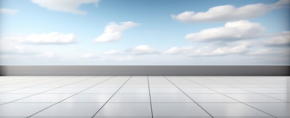 A white floor hall with blue sky with clouds. Created with Ai