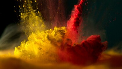 explosive burst of vibrant red and yellow powders captured in mid-air, creating an intense and dynamic abstract compo