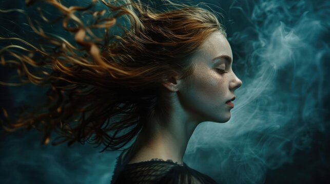 A young redhead woman with a serene expression surrounded by a mystic blue haze, embodying ethereal beauty.