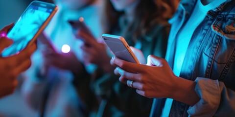 Group of friend hands holding smartphone with shining light on screen, side view copy space - obrazy, fototapety, plakaty