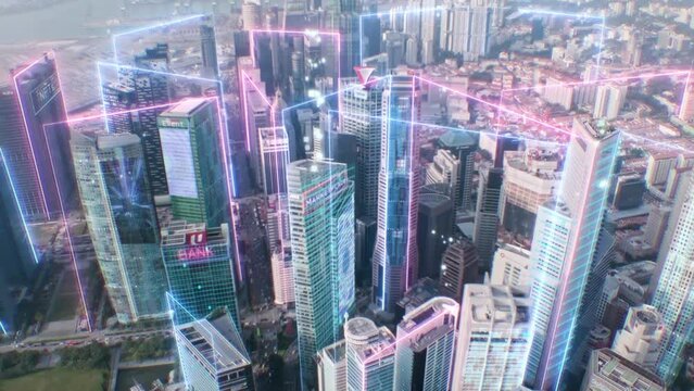 Smart city and Metaverses concept, Motion Futuristic Neon light with Aerial view modern cityscape for data network connection technology concept, blockchain decentralized technology concept, global