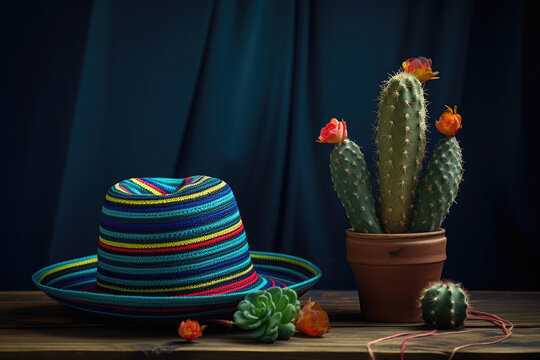 Blooming cactus in a terracotta pot beside a vibrant striped sombrero on a wooden surface, against a dark blue curtain backdrop.