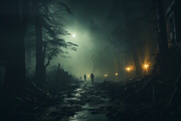 Two individuals stroll down a dimly lit street on a foggy night