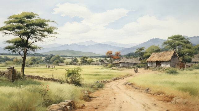 Watercolor painting of a peaceful rural village.