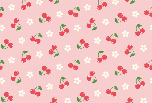 seamless pattern with cherries and flowers for banners, cards, flyers, social media wallpapers, etc.