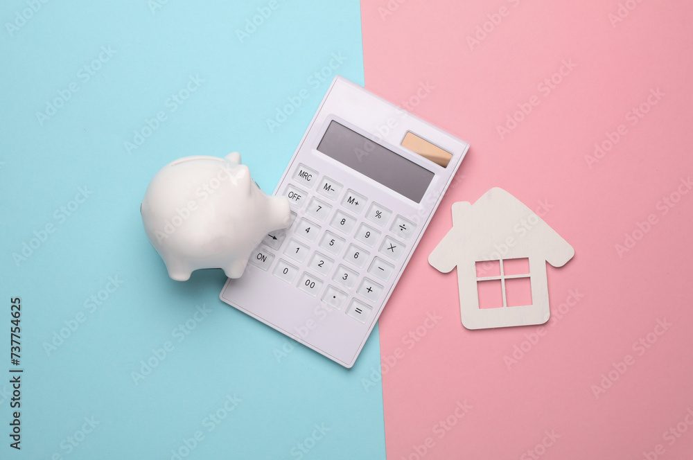 Wall mural calculator with a piggy bank and a house figurine on a blue pink background