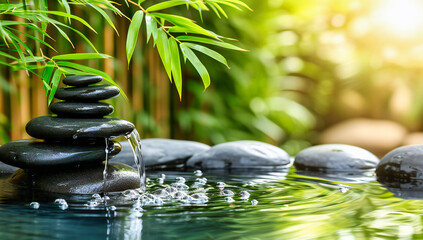 Zen garden with water features and greenery, symbolizing tranquility, relaxation, and the beauty of nature