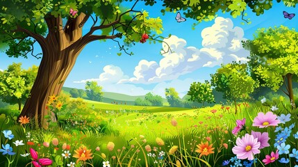cartoon summer scene with meadow in the forest illustration for children - obrazy, fototapety, plakaty
