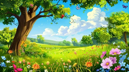 Keuken foto achterwand Sprookjesbos cartoon summer scene with meadow in the forest illustration for children