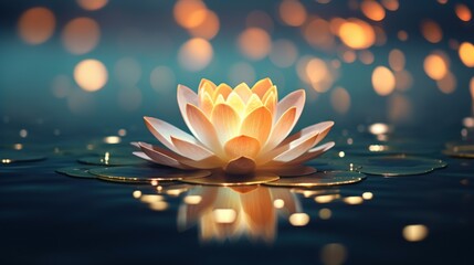 Beautiful lotus flower on water with golden bokeh light for mediation and spirituality concept background. - obrazy, fototapety, plakaty