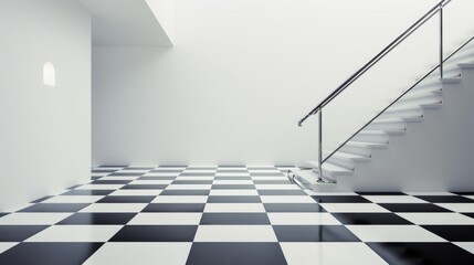 Chic Black and White Entrance Hall with Minimalist Checkerboard Floor AI Generated.