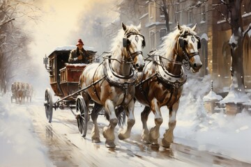 Naklejka na ściany i meble A painting depicting two horses pulling a carriage through a snowy street