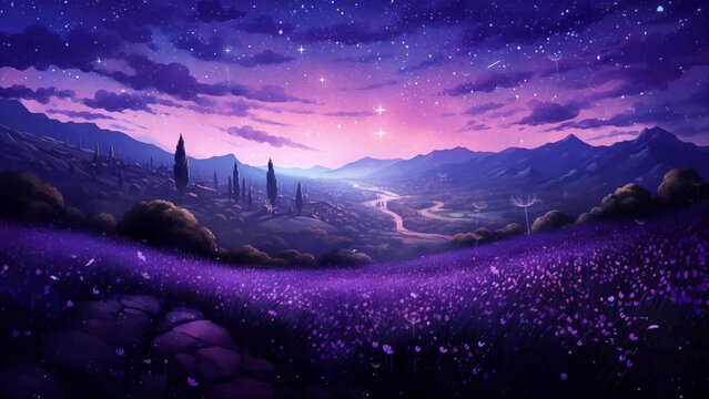night view nature. lavender field at night with each lavender plant. seamless looping overlay 4k virtual video animation background 