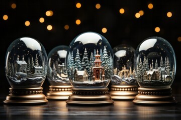 A collection of snow globes displayed on a wooden table