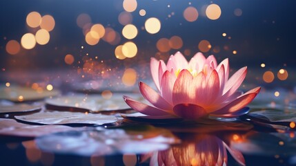 Beautiful lotus flower on water with golden bokeh light for mediation and spirituality concept background. - obrazy, fototapety, plakaty