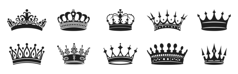 Fotobehang Crowns vector illustration. King, queen tiara, princess diadem in style of hand drawn black doodle on white background. Corona silhouette sketch © Pixel Pine