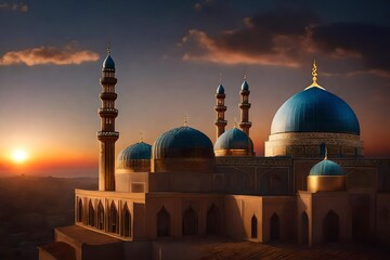 Fototapeta na wymiar mosque at sunset' Mosque sunset sky, moon, holy night, islamic night and silhouette mosque, panaromic islamic wallpaper