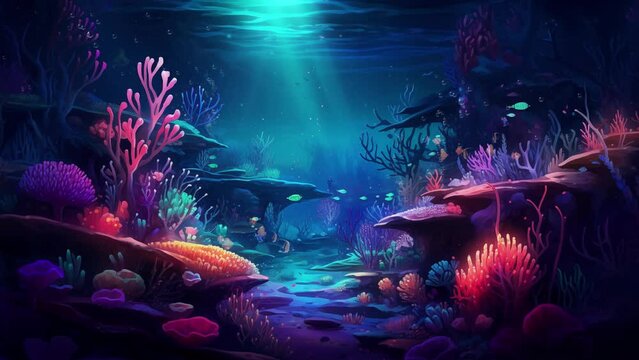 underwater coral reef at night with coral polyps. anime cartoon illustration style. seamless looping overlay 4k virtual video animation background 