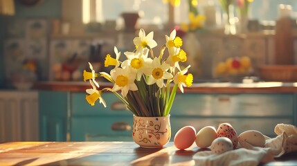 festive decoration of easter eggs and daffodills in kitchen table - obrazy, fototapety, plakaty