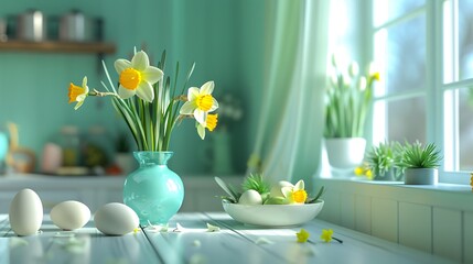 festive decoration of easter eggs and daffodills in kitchen table