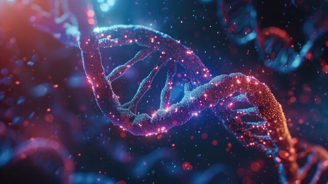 A holographic model of DNA strands showing the variations and mutations that can occur and their potential implications.