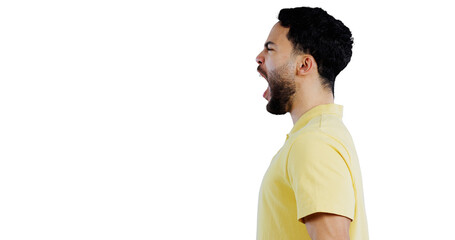 Man, angry and scream with stress or frustrated for crisis with conflict, mad emoji reaction and emotional. Mental health, indian model or shouting with anger isolated on png, transparent background