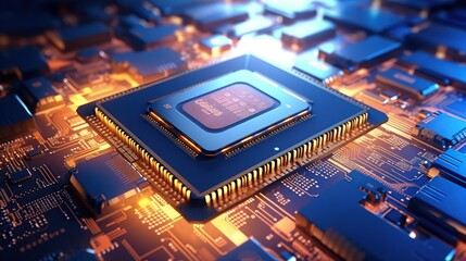 Fototapeta na wymiar Futuristic microchip or central computer processor. Powerful quantum CPU mother for high technology computer concept.