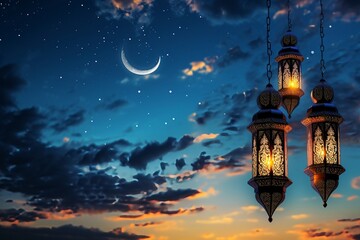 Fototapeta na wymiar Ramadan scene with traditional lanterns emitting a warm glow