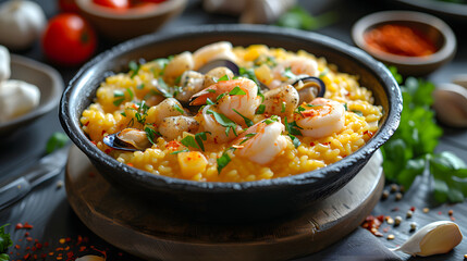 close up of Saffron Seafood Risotto in bowl, Food Photography