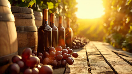 A Row of Wine Bottles on Wooden Table - obrazy, fototapety, plakaty