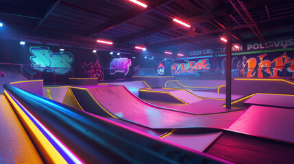 A skateboard race in a neon skate park where speed and cheerfulness elevate the sport to new heights