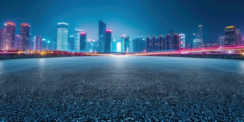 urban cityscape skyline night scene with empty floor on front copy space