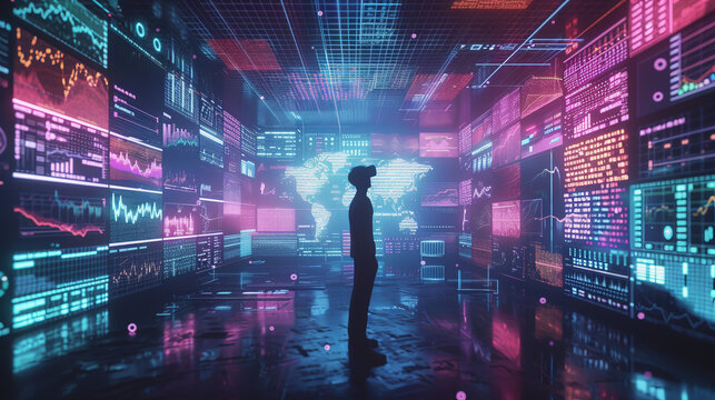 A virtual reality bank where users can walk through their digital portfolios interacting with bitcoins and stocks as holograms