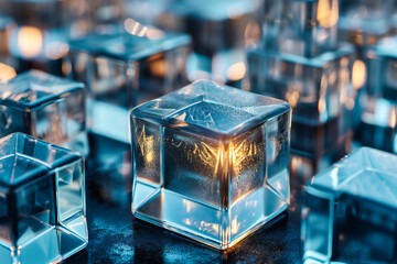 Fototapeta premium Clear ice cubes on a dark background, emphasizing freshness, purity, and the essence of coolness