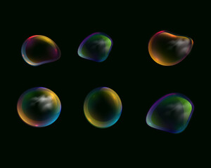 Set of realistic colorful soap bubbles. Transparent realistic soap bubbles isolated on transparent background. Vector texture.