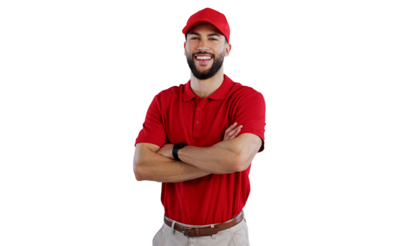 Portrait, happy and delivery man in confidence for transportation, order or logistics on a transparent PNG background. Male person, professional or courier guy with smile, hat and arms crossed - Powered by Adobe