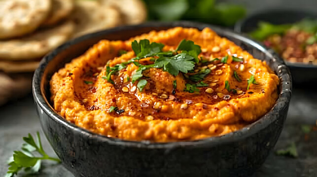 close up of Roasted Red Pepper Hummus in bowl, Food Photography