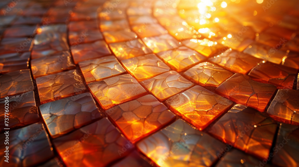 Poster closeup of a shimmering mosaic pattern reflecting the suns glow.
