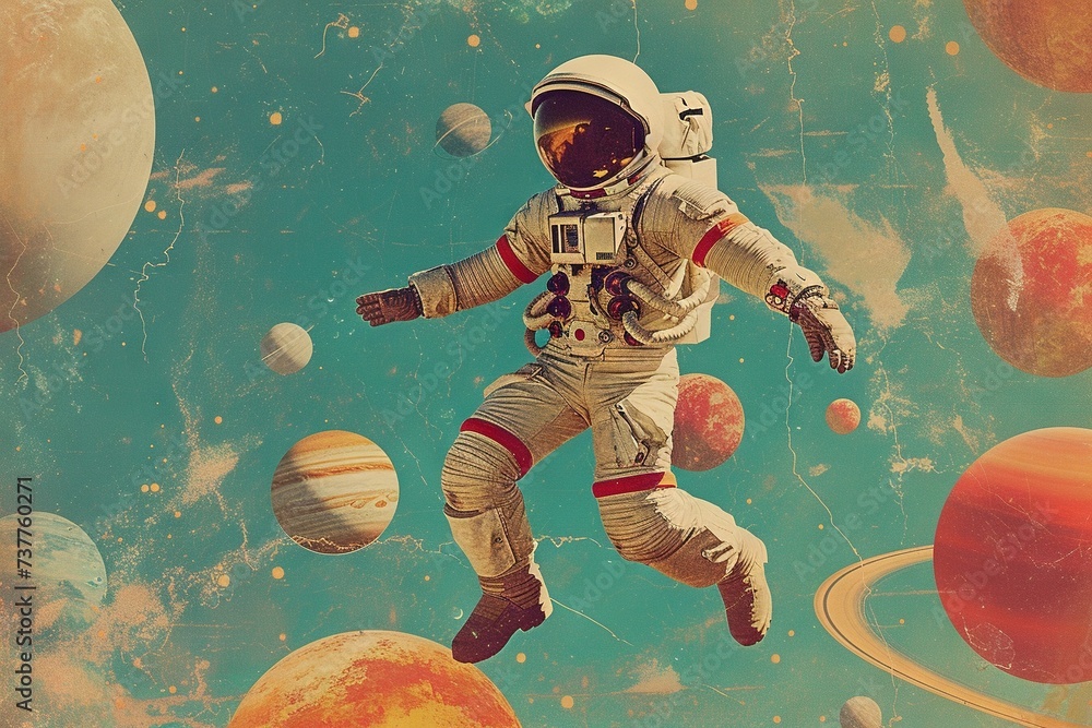 Sticker astronaut floating zero gravity in outer space. contemporary art collage. generative ai