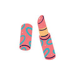 Open pink lipstick in patterned packaging. Cute moisturizing lip balm. Decorative cosmetics for professional makeup. Beauty product for visage. Flat isolated vector illustration on white background