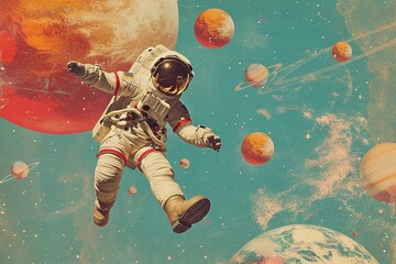 Astronaut floating against background of solar system planets. Contemporary art collage. Generative...