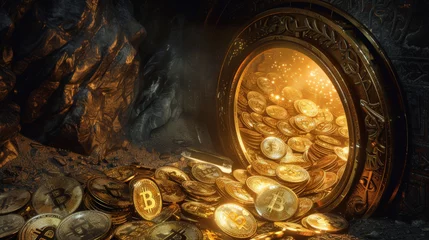 Foto op Canvas An ancient vault unlocked to reveal gold coins and glowing bitcoins merging past wealth with future currency © BussarinK