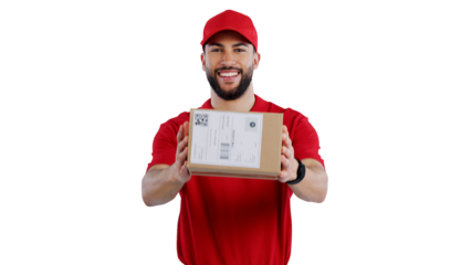 Happy man, portrait and box with delivery for package, transportation or order on a transparent PNG background. Male person or courier guy with smile, hat and parcel for cargo or service in logistics