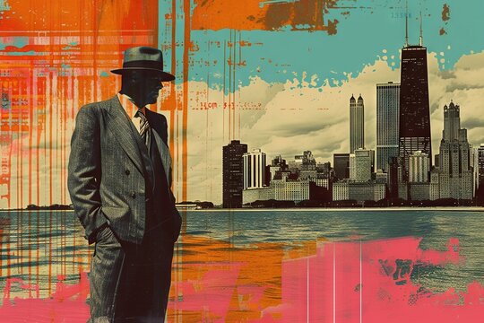 Retro Italian mafia gangster on background of Chicago. Contemporary art collage. Generative AI